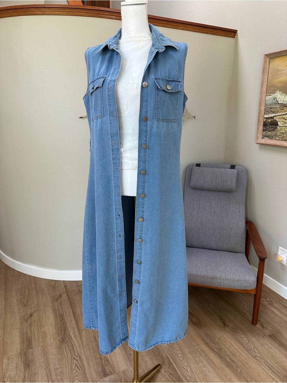 Sleeveless Button-Front A line fit in flare stretchy Denim midi Dress - Picture 3 of 10